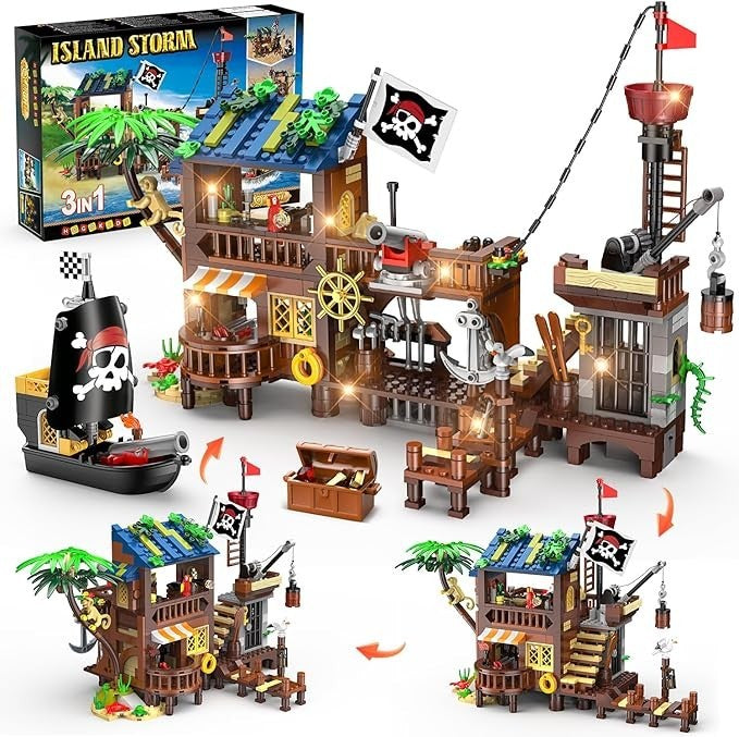 HOGOKIDS Piratenschiff Werft Bauspielzeug mit LED-Licht - 781PCS Mittelalterliches Piratenhaus Baustein-Set