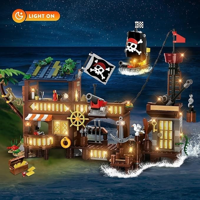 HOGOKIDS Piratenschiff Werft Bauspielzeug mit LED-Licht - 781PCS Mittelalterliches Piratenhaus Baustein-Set