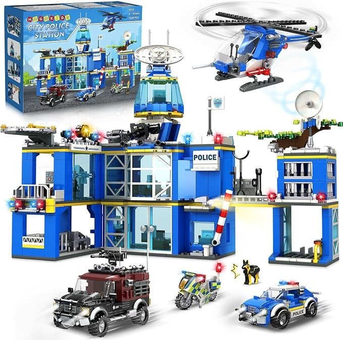 HOGOKIDS Polizeistation Bauspielzeug mit LED-Licht - 734-teiliges Bausteinset mit Hubschrauber, Motorrad, Fahrzeug, gepanzertem Auto