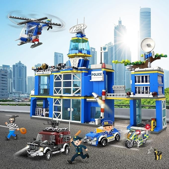 HOGOKIDS Polizeistation Bauspielzeug mit LED-Licht - 734-teiliges Bausteinset mit Hubschrauber, Motorrad, Fahrzeug, gepanzertem Auto