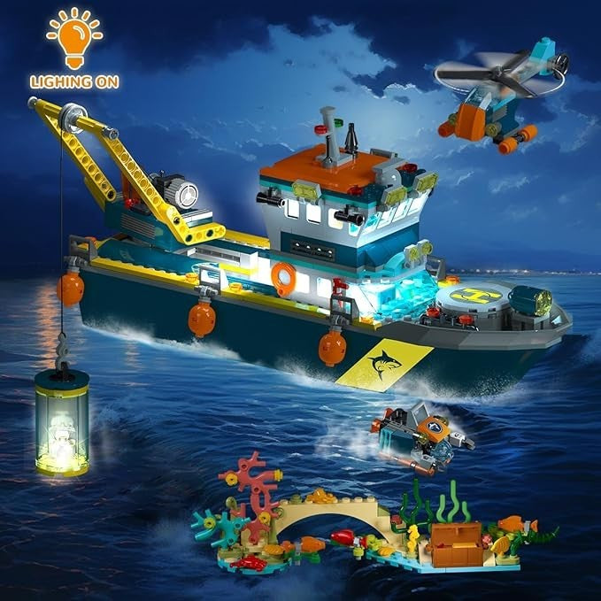 HOGOKIDS City Schwimmfähiges Boot Baukasten mit LED Licht - Spaß Arctic Explorer Schiffs Baustein Ozean Exploration mit Hubschrauber U-Boot