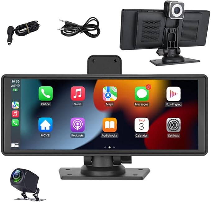Drahtloses tragbares Carplay-Autoradio mit Android Auto,9,3-Zoll-HD-IPS-Touchscreen,tragbarer CarPlay-Bildschirm mit Siri-Bluetooth-Rückfahrkamera,Sprachsteuerung, integriertem DVR+ Rückfahrkamera
