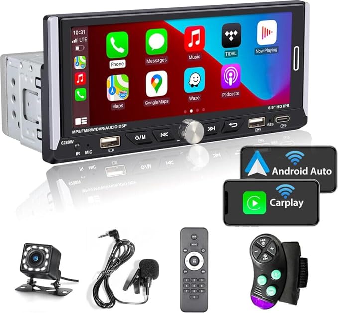 Wireless Carplay Android Auto 1 Din Autoradio mit Bildschirm 6,9 Zoll Touch Display Radio Bluetooth Mirror Link FM 2USB Typ-C SWC Rückfahrkamera und Fernbedienung