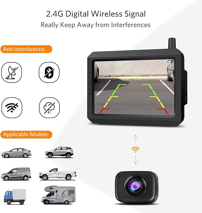 Digital Kabellos Rückfahrkamera Set W7 , Funk Rückfahrkameras mit Stabilem Signal, 5" HD Monitor, Drahtlose Rückfahrkamera mit IP68 Wasserdichter Kamera, Nachtsicht