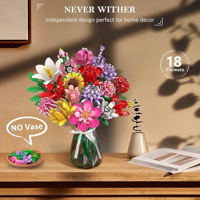 HOGOKIDS Blumen Bauset für Mädchen ab 8+ Jahren - 18 Blume Blumenstrauß Bausteine, 1464 Teilige Kunstblumen Pflanzen Bausatz