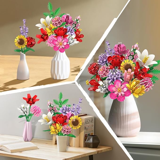 HOGOKIDS Blumen Bauset für Mädchen ab 8+ Jahren - 18 Blume Blumenstrauß Bausteine, 1464 Teilige Kunstblumen Pflanzen Bausatz