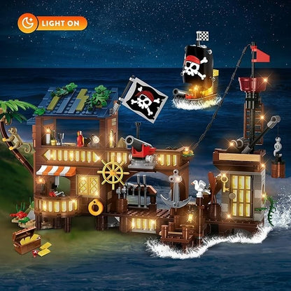 HOGOKIDS Piratenschiff Werft Bauspielzeug mit LED-Licht - 781PCS Mittelalterliches Piratenhaus Baustein-Set