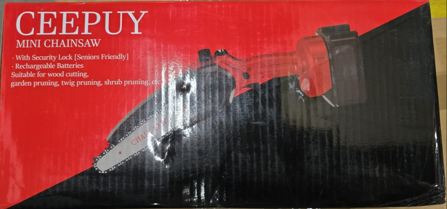 Mini-Akku-Kettensäge 6 Zoll mit 880W reinem Kupfermotor, 2 Akkus, 2 Ketten und Sicherheitsverriegelung
