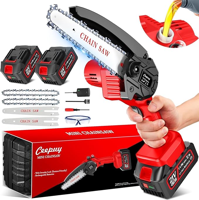Mini-Akku-Kettensäge 6 Zoll mit 880W reinem Kupfermotor, 2 Akkus, 2 Ketten und Sicherheitsverriegelung