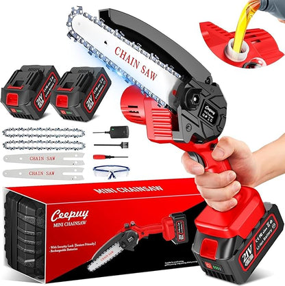 Mini-Akku-Kettensäge 6 Zoll mit 880W reinem Kupfermotor, 2 Akkus, 2 Ketten und Sicherheitsverriegelung