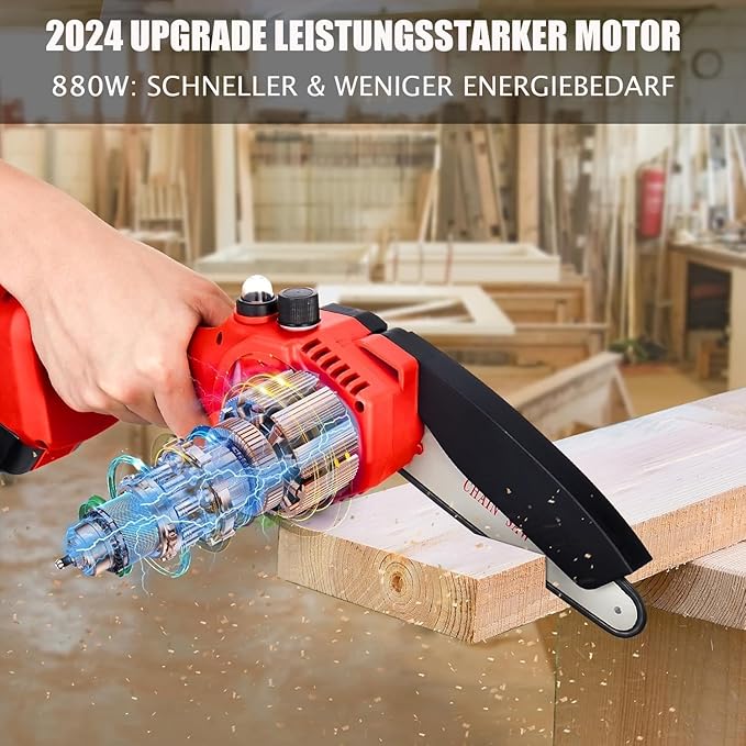Mini-Akku-Kettensäge 6 Zoll mit 880W reinem Kupfermotor, 2 Akkus, 2 Ketten und Sicherheitsverriegelung