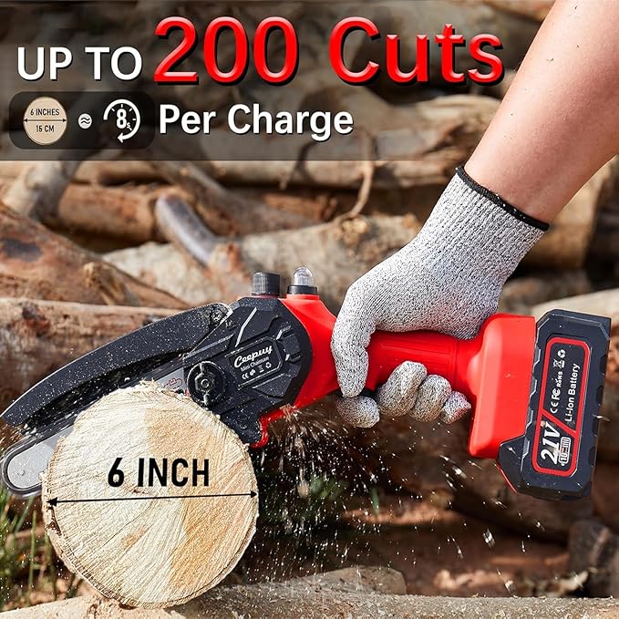 Mini-Akku-Kettensäge 6 Zoll mit 880W reinem Kupfermotor, 2 Akkus, 2 Ketten und Sicherheitsverriegelung