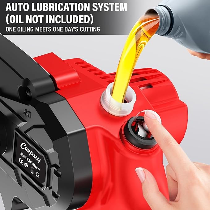 Mini-Akku-Kettensäge 6 Zoll mit 880W reinem Kupfermotor, 2 Akkus, 2 Ketten und Sicherheitsverriegelung