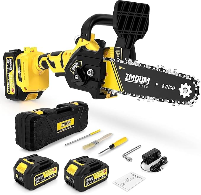 Mini Kettensäge 8 Zoll mit 2 Akkus 3.0Ah, IMOUMLIVE Bürstenlose Kettensäge Mini Kettensäge Elektro mit Automatischer Schmierung, Handkettensäge Akku für Gartenscheren Astschere Holzschneiden