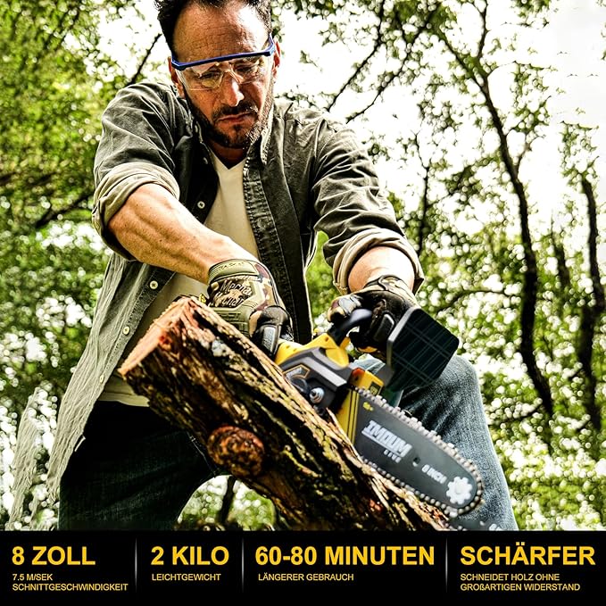 Mini Kettensäge 8 Zoll mit 2 Akkus 3.0Ah, IMOUMLIVE Bürstenlose Kettensäge Mini Kettensäge Elektro mit Automatischer Schmierung, Handkettensäge Akku für Gartenscheren Astschere Holzschneiden