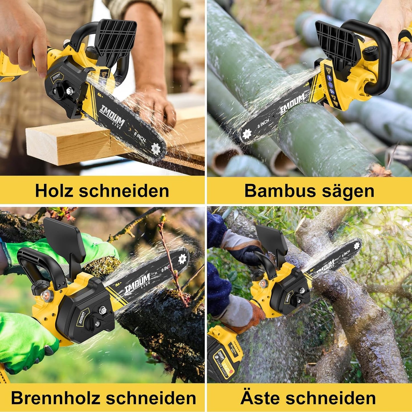 Mini Kettensäge 8 Zoll mit 2 Akkus 3.0Ah, IMOUMLIVE Bürstenlose Kettensäge Mini Kettensäge Elektro mit Automatischer Schmierung, Handkettensäge Akku für Gartenscheren Astschere Holzschneiden