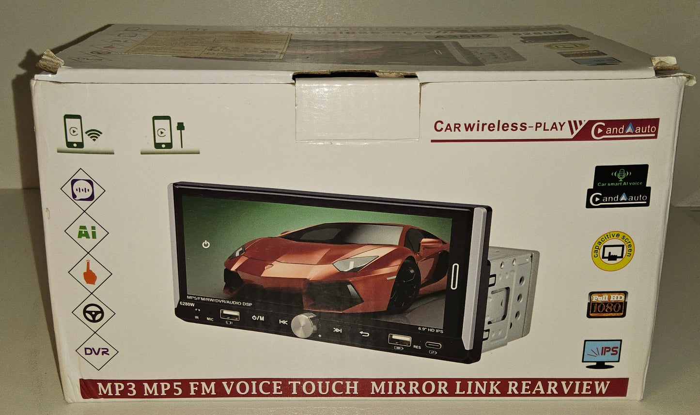 Wireless Carplay Android Auto 1 Din Autoradio mit Bildschirm 6,9 Zoll Touch Display Radio Bluetooth Mirror Link FM 2USB Typ-C SWC Rückfahrkamera und Fernbedienung