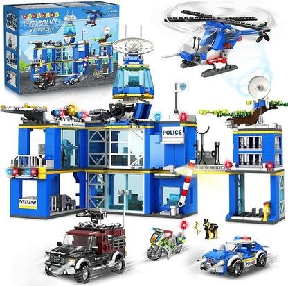 HOGOKIDS Polizeistation Bauspielzeug mit LED-Licht - 734-teiliges Bausteinset mit Hubschrauber, Motorrad, Fahrzeug, gepanzertem Auto