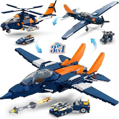 HOGOKIDS 3-in-1 Kampfjet Flugzeug Bauspielzeug, Militär-Propellerflugzeuge/Kampfhubschrauber