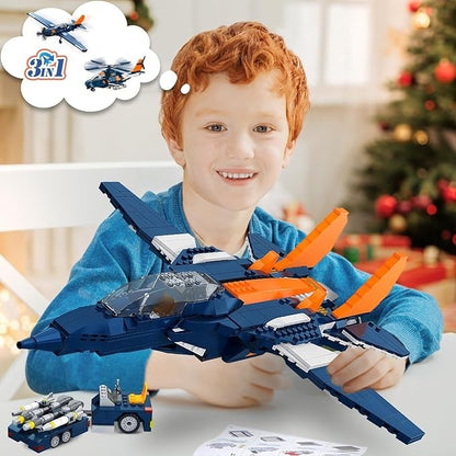 HOGOKIDS 3-in-1 Kampfjet Flugzeug Bauspielzeug, Militär-Propellerflugzeuge/Kampfhubschrauber