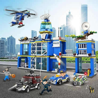HOGOKIDS Polizeistation Bauspielzeug mit LED-Licht - 734-teiliges Bausteinset mit Hubschrauber, Motorrad, Fahrzeug, gepanzertem Auto