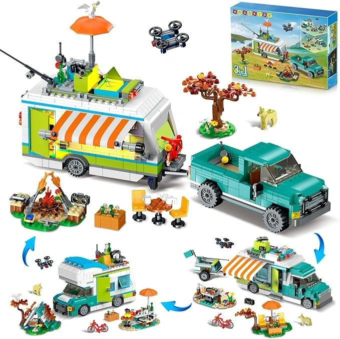 HOGOKIDS City Camper Van Bauset mit LED-Licht – 3-in-1 Urlaub RV Camping Bauspielzeug für Kinder 879 Teile mit Zelt BBQ Grill Fahrzeuge Freunde Kreatives Abenteuer
