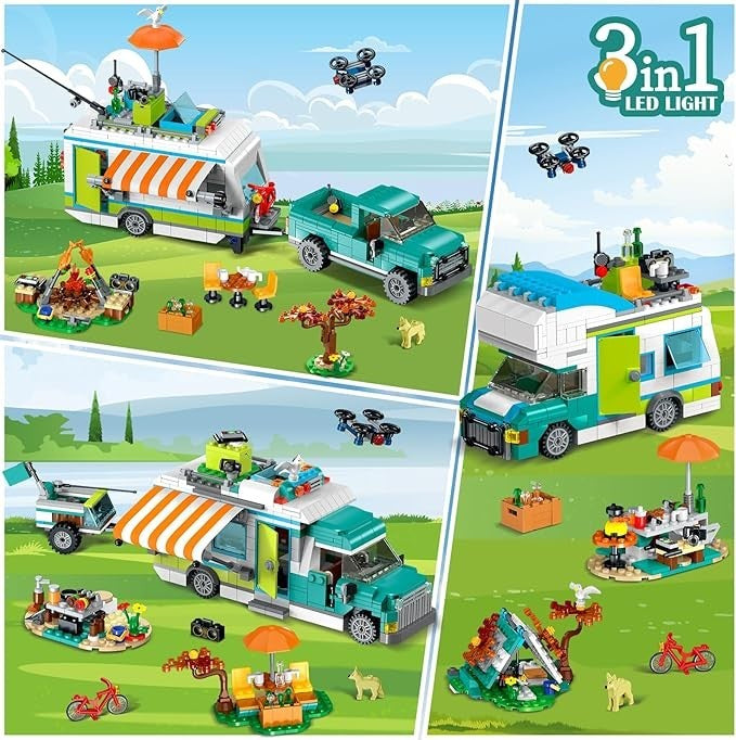 HOGOKIDS City Camper Van Bauset mit LED-Licht – 3-in-1 Urlaub RV Camping Bauspielzeug für Kinder 879 Teile mit Zelt BBQ Grill Fahrzeuge Freunde Kreatives Abenteuer