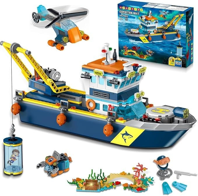 HOGOKIDS City Schwimmfähiges Boot Baukasten mit LED Licht - Spaß Arctic Explorer Schiffs Baustein Ozean Exploration mit Hubschrauber U-Boot