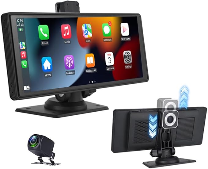 Drahtloses tragbares Carplay-Autoradio mit Android Auto,9,3-Zoll-HD-IPS-Touchscreen,tragbarer CarPlay-Bildschirm mit Siri-Bluetooth-Rückfahrkamera,Sprachsteuerung, integriertem DVR+ Rückfahrkamera