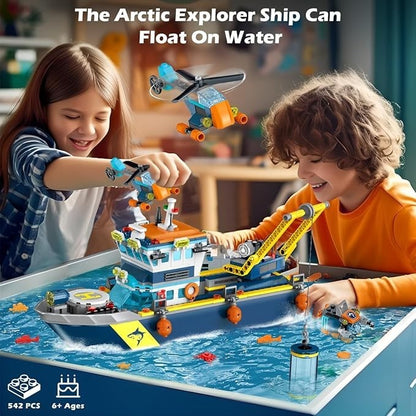 HOGOKIDS City Schwimmfähiges Boot Baukasten mit LED Licht - Spaß Arctic Explorer Schiffs Baustein Ozean Exploration mit Hubschrauber U-Boot