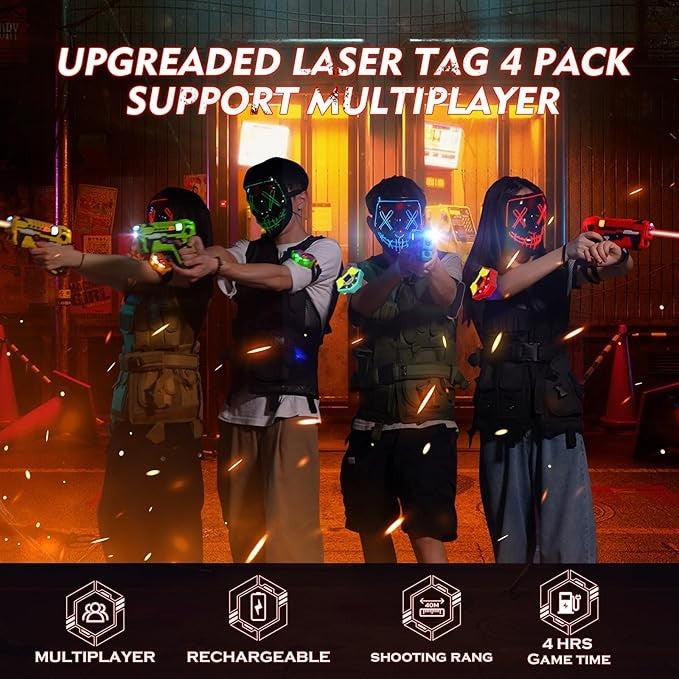 Vatos Wiederaufladbares Laser Tag Set – 4 Pack Lasertag mit Empfängern für Kinder Erwachsene, 2.4GHz Daten-Sync-Anzeige Spiel