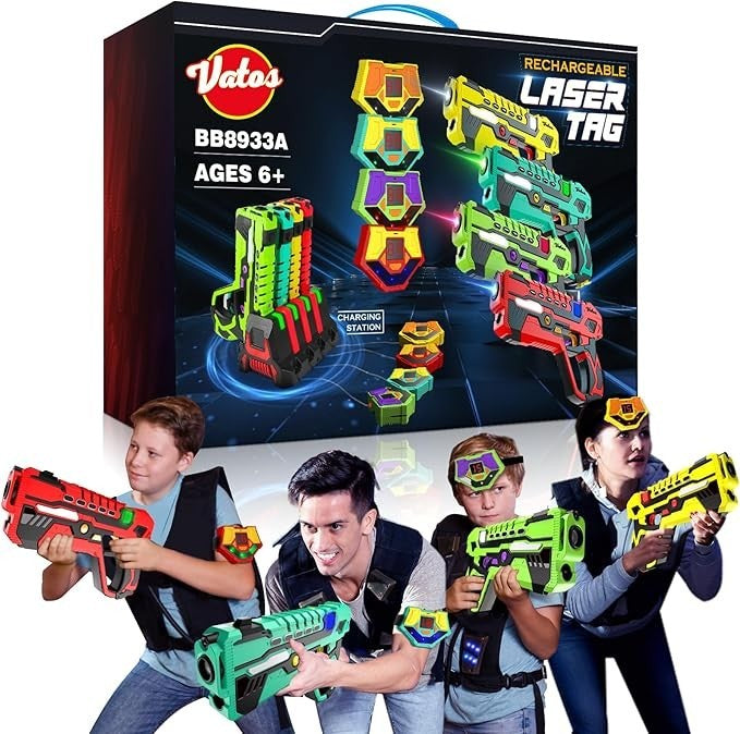 Vatos Wiederaufladbares Laser Tag Set – 4 Pack Lasertag mit Empfängern für Kinder Erwachsene, 2.4GHz Daten-Sync-Anzeige Spiel