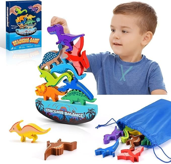 DejaNard Dinosaurier-Stapelspielzeug aus Holz, Montessori Spielzeug