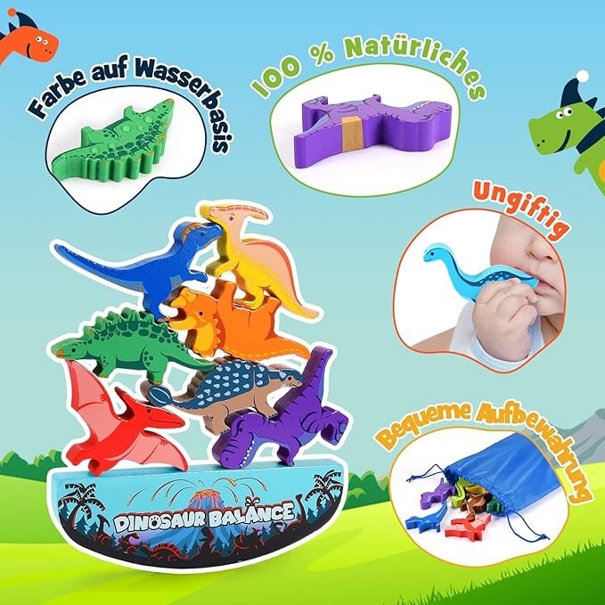 DejaNard Dinosaurier-Stapelspielzeug aus Holz, Montessori Spielzeug