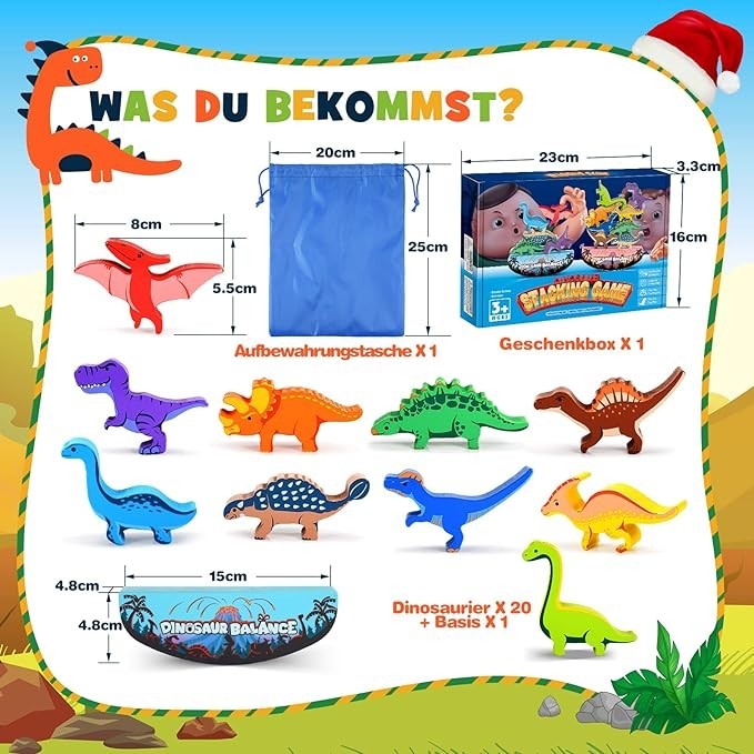 DejaNard Dinosaurier-Stapelspielzeug aus Holz, Montessori Spielzeug