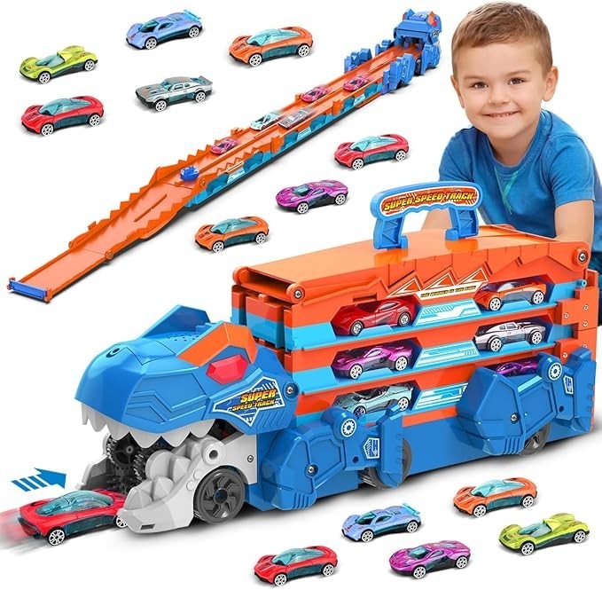 VATOS Dinosaurier Transport Truck Auto Spielzeug - 2 in 1 Auswurf Folding Portable Track Auto mit 8 Race Cars
