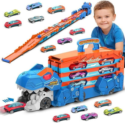 VATOS Dinosaurier Transport Truck Auto Spielzeug - 2 in 1 Auswurf Folding Portable Track Auto mit 8 Race Cars