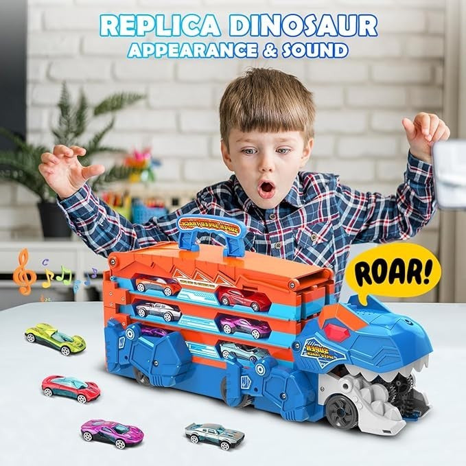 VATOS Dinosaurier Transport Truck Auto Spielzeug - 2 in 1 Auswurf Folding Portable Track Auto mit 8 Race Cars