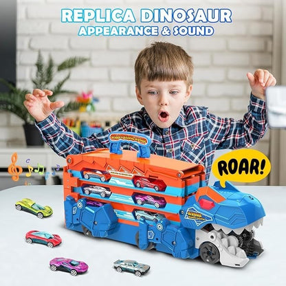 VATOS Dinosaurier Transport Truck Auto Spielzeug - 2 in 1 Auswurf Folding Portable Track Auto mit 8 Race Cars