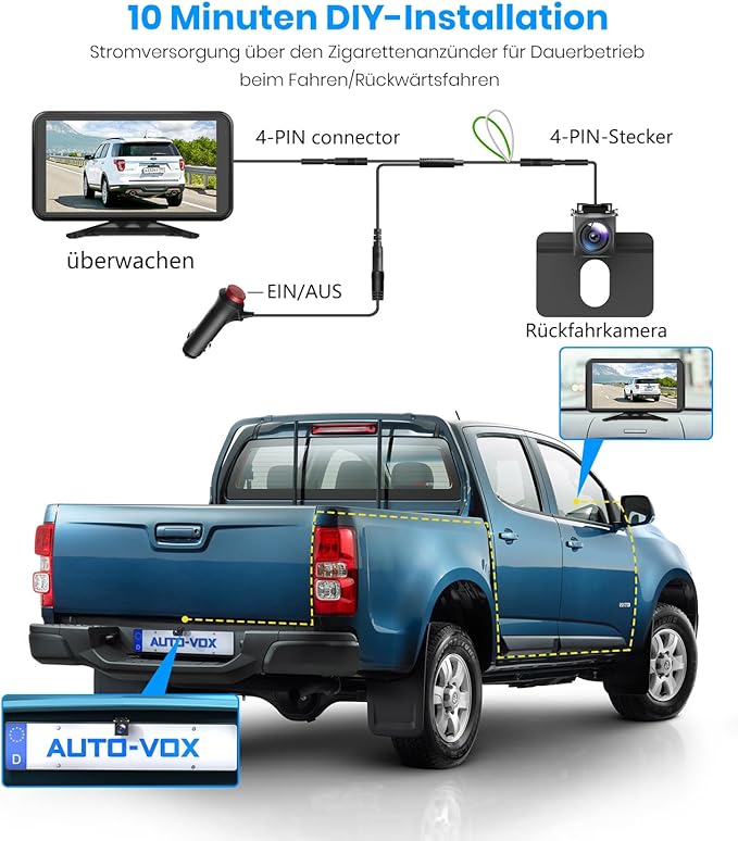 Auto-VOX Rückfahrkamera Auto: Plug & Play 4.8" 1080P Rückfahrkamera Nachrüsten Stabiles Signal, klares Nachtsicht Rückfahrkamera-System, IP69K Rückfahrkameras mit 3X Zoom für LKW SUV Wohnmobil