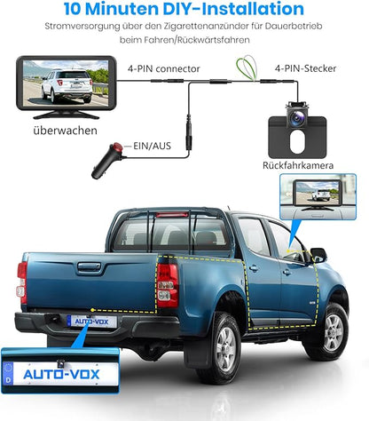 Auto-VOX Rückfahrkamera Auto: Plug & Play 4.8" 1080P Rückfahrkamera Nachrüsten Stabiles Signal, klares Nachtsicht Rückfahrkamera-System, IP69K Rückfahrkameras mit 3X Zoom für LKW SUV Wohnmobil