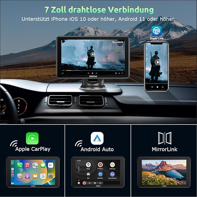 ESSGOO A-pple CarPlay & Android Auto,7 Zoll IPS Carplay Display,Unterstützt Siri & G-oogle Assistant, Online-Karten, einfache Installation, geeignet für Verschiedene Fahrzeugmodelle