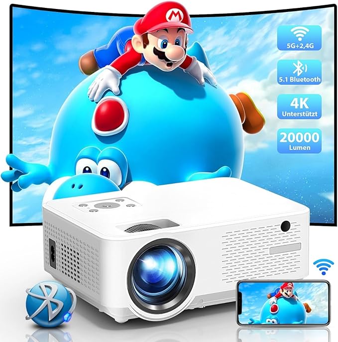 Beamer, 20000 Lumen 1080P Full HD Beamer 4K Heimkino Unterstützt, 5G WiFi Bluetooth