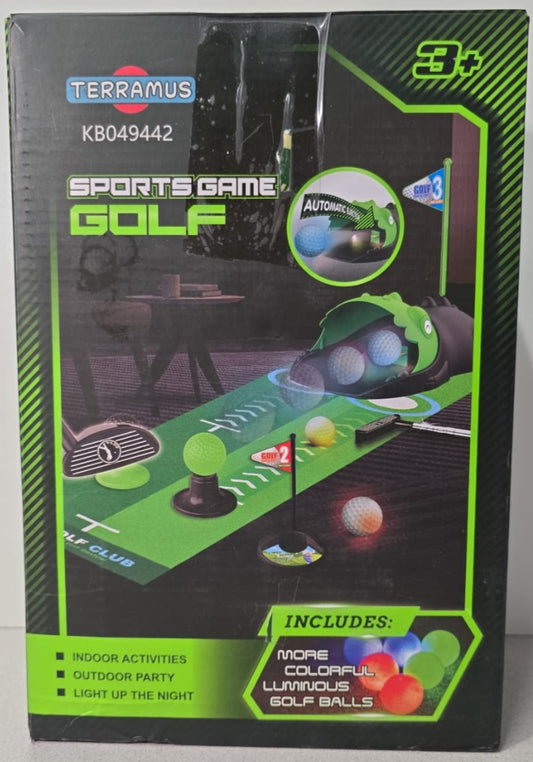 TERRAMUS Minigolf Set Spielzeug für Kinder, 14PCS Indoor Outdoor Golfkoffer Spiel Set mit 2 bunten Golfschläger, 6 Bälle, Putting Matte