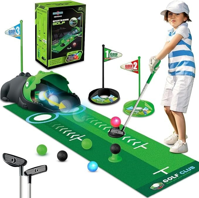TERRAMUS Minigolf Set Spielzeug für Kinder, 14PCS Indoor Outdoor Golfkoffer Spiel Set mit 2 bunten Golfschläger, 6 Bälle, Putting Matte