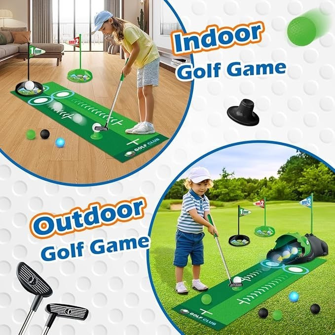 TERRAMUS Minigolf Set Spielzeug für Kinder, 14PCS Indoor Outdoor Golfkoffer Spiel Set mit 2 bunten Golfschläger, 6 Bälle, Putting Matte