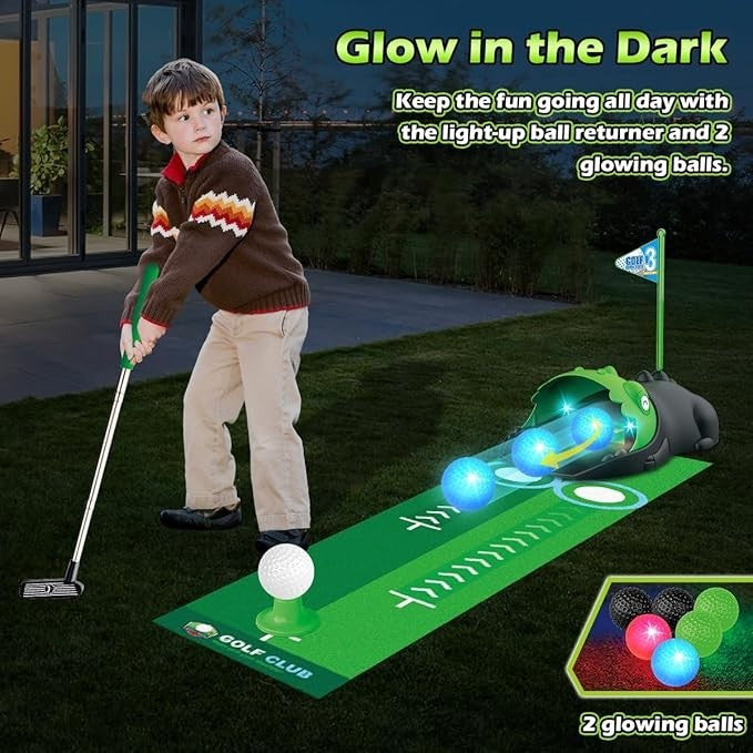 TERRAMUS Minigolf Set Spielzeug für Kinder, 14PCS Indoor Outdoor Golfkoffer Spiel Set mit 2 bunten Golfschläger, 6 Bälle, Putting Matte