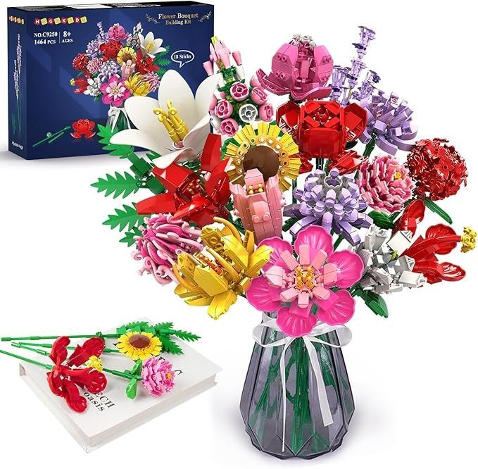HOGOKIDS Blumen Bauset für Mädchen ab 8+ Jahren - 18 Blume Blumenstrauß Bausteine, 1464 Teilige Kunstblumen Pflanzen Bausatz