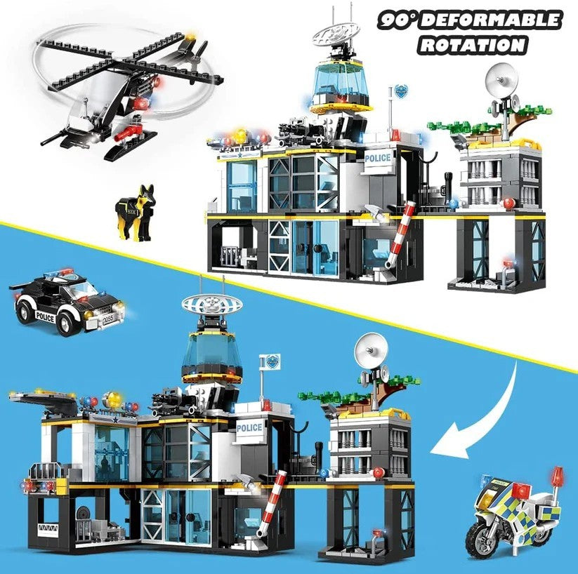 HOGOKIDS City Police Station Bau Set mit Hubschrauber Polizeiautos und Motorrad, 1261 Steine.