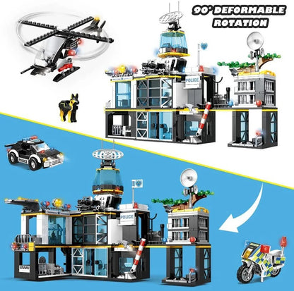 HOGOKIDS City Police Station Bau Set mit Hubschrauber Polizeiautos und Motorrad, 1261 Steine.